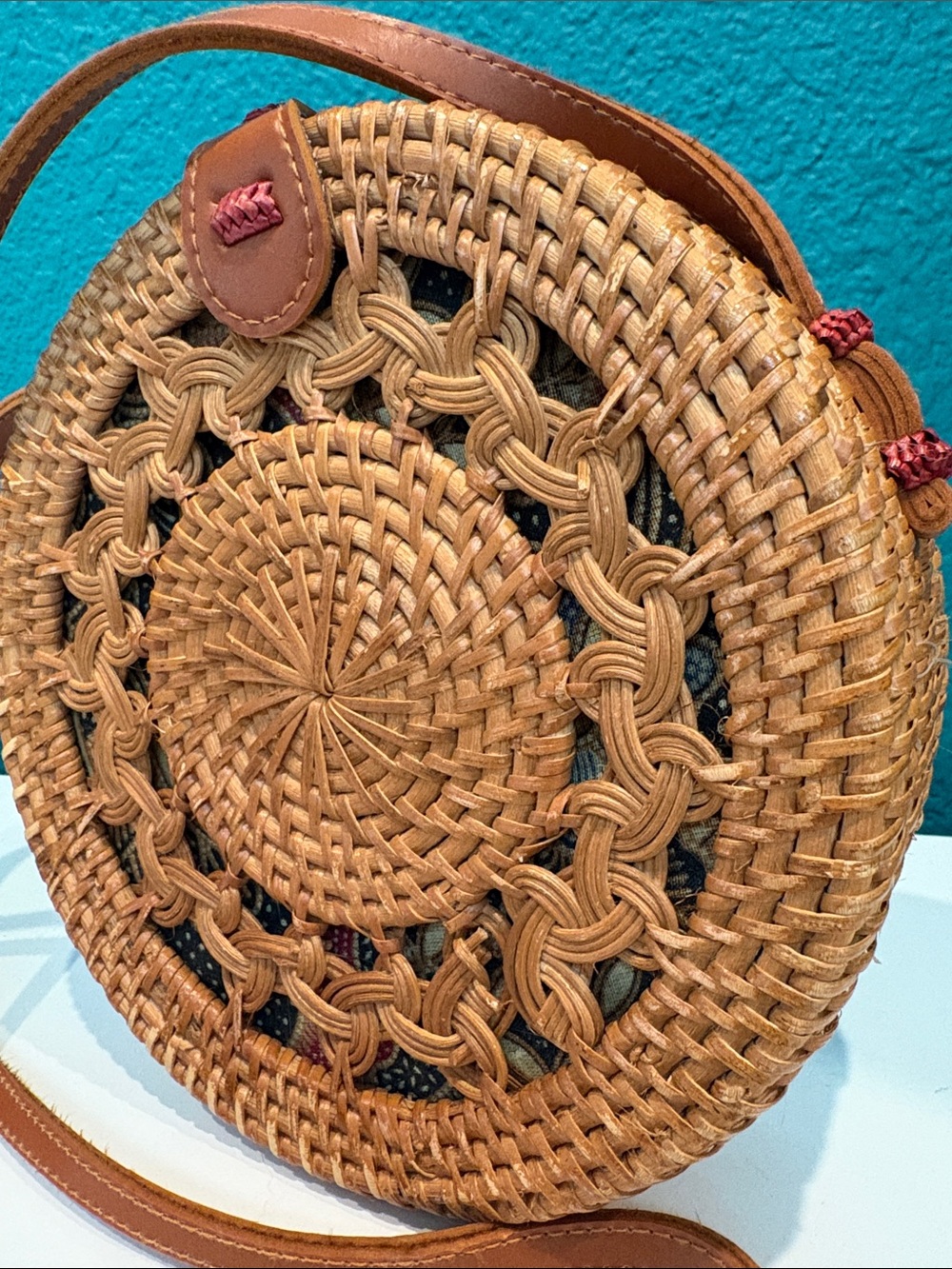 Bali Round Woven Crossbody Bag in Tan and Brown - Picture 2 of 4